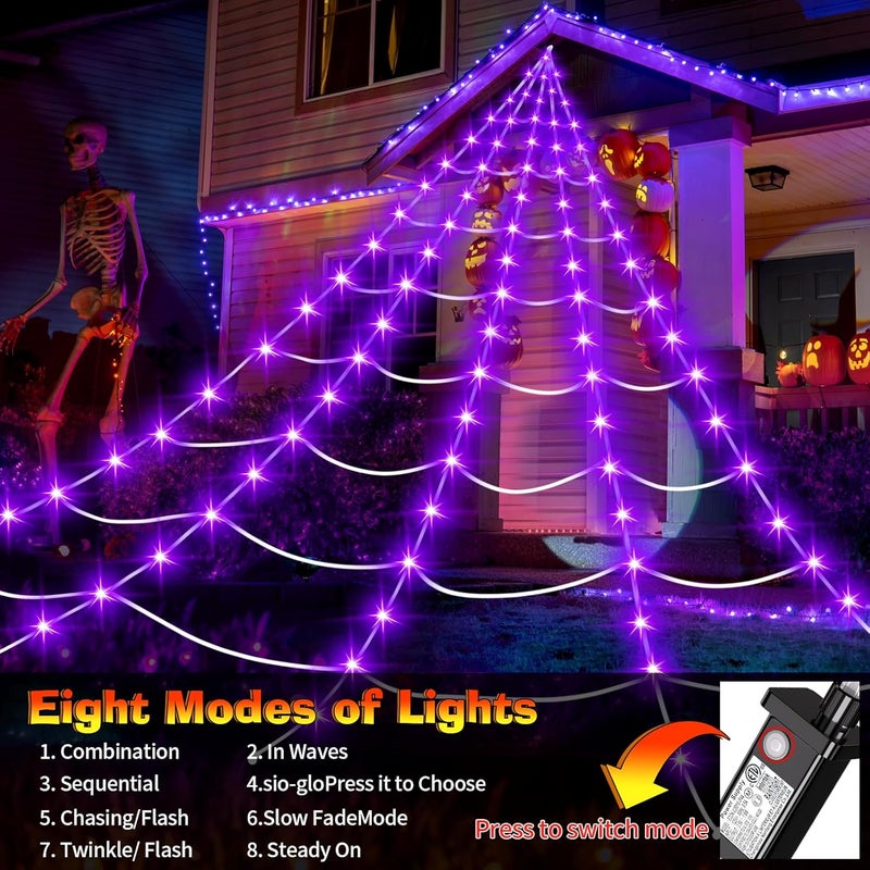 partyMoonet Halloween Decorations Outdoor, 200 LED Halloween Giant Spider Web Lights, 16.4Ft Lighted Spider Web Light up for Yard Haunted House Decor - Image 4
